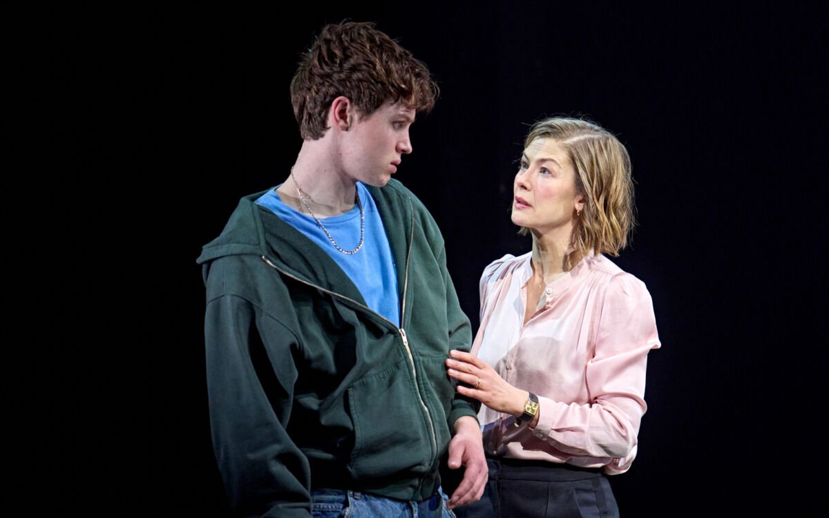 Actress Rosamund Pike and Actor Cormac McAlinden on stage as mother and son at the Wyndham Theatre in Inter Alia