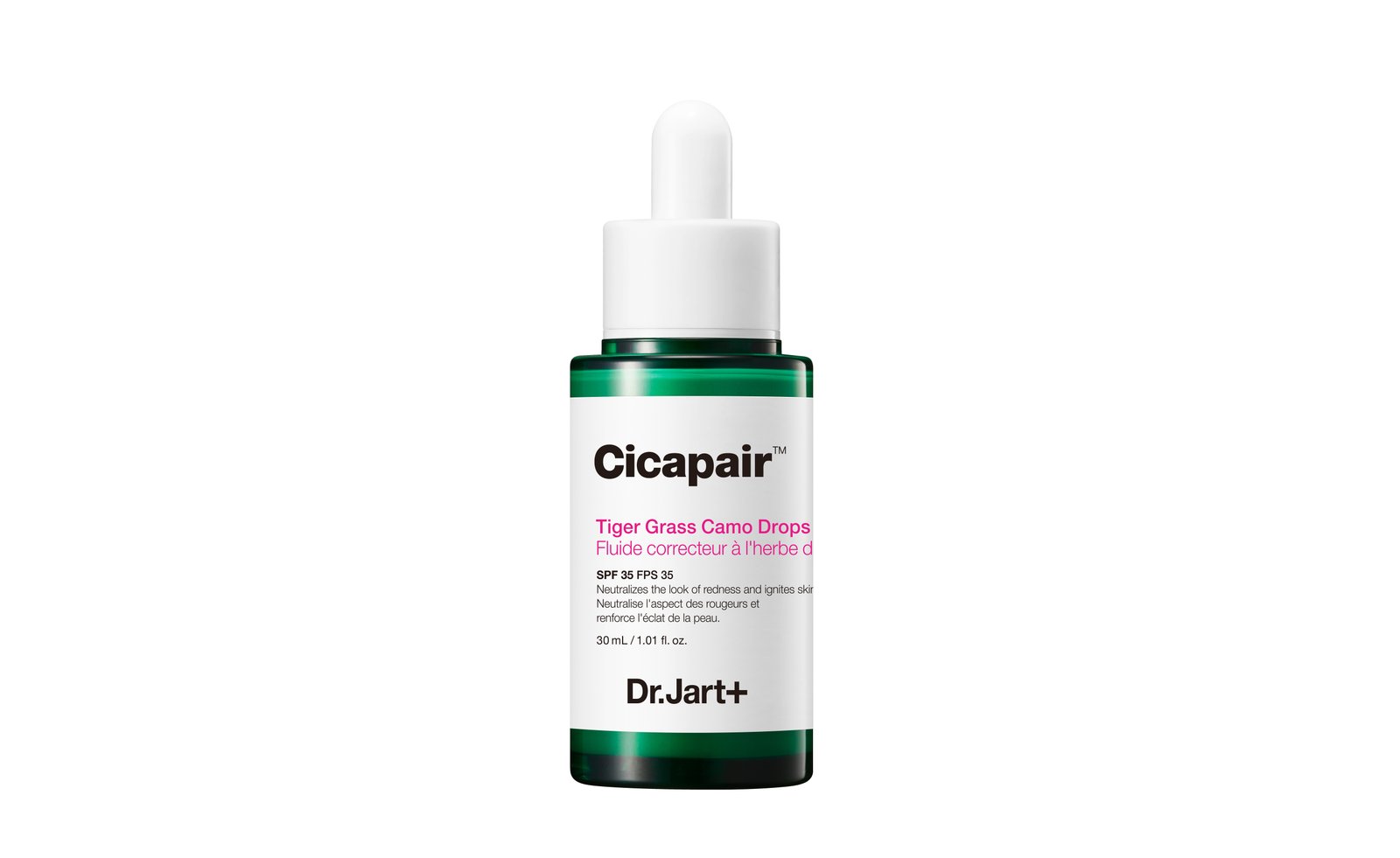 Dr Jart+ Cicapair Tiger Grass Camo Drops serum on a white background.