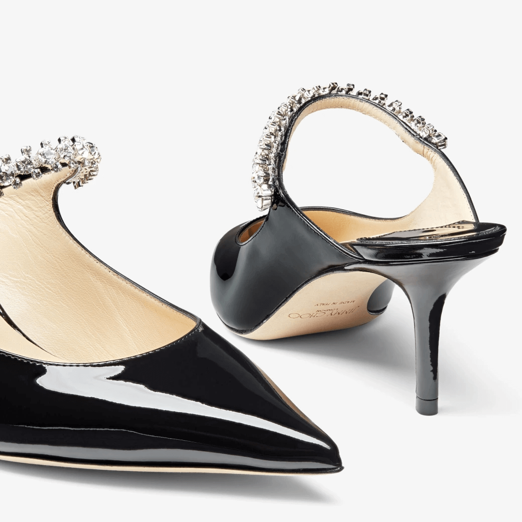 Jimmy Choo Bing 65 Black Patent Leather Mules with Crystal Strap
