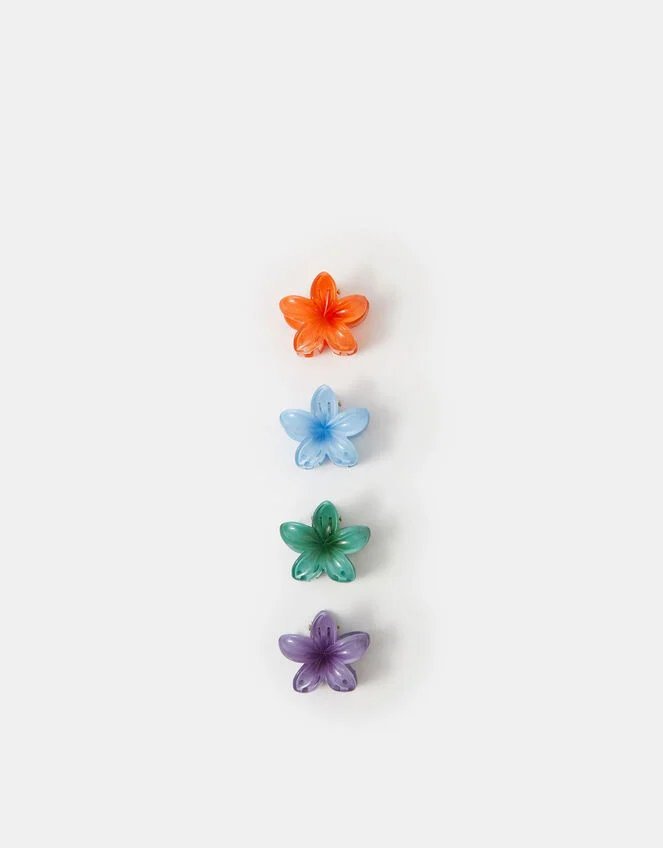 Four small flower-shaped decorations in orange, blue, green, and purple, arranged vertically