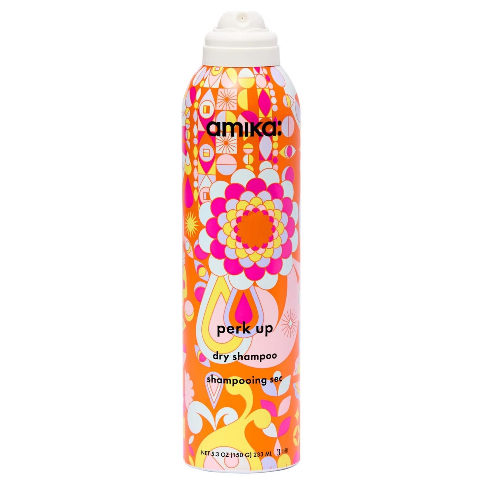 Amika Perk Up Dry Shampoo canister with colourful floral design