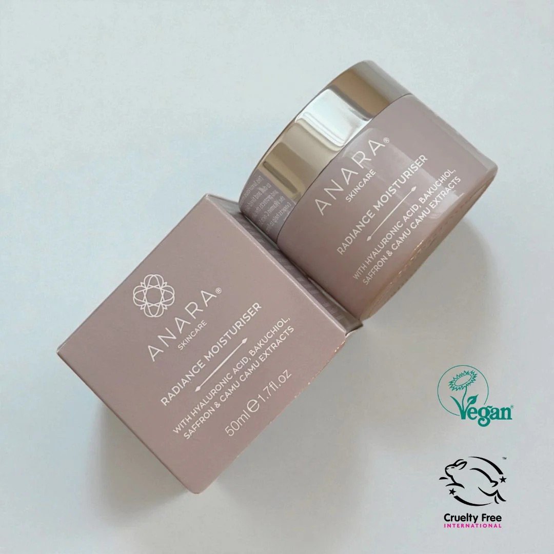 A jar of ANARA Radiance Moisturiser with a box, displaying "Vegan" and "Cruelty Free" symbols