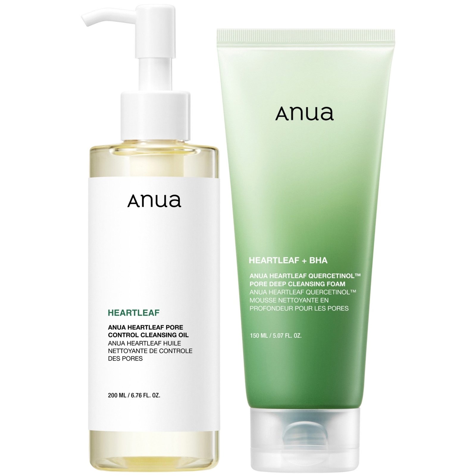 Anua Heartleaf Pore Control Cleansing Oil bottle and Anua Heartleaf + BHA Pore Deep Cleansing Foam tube displayed side by side on a white background.