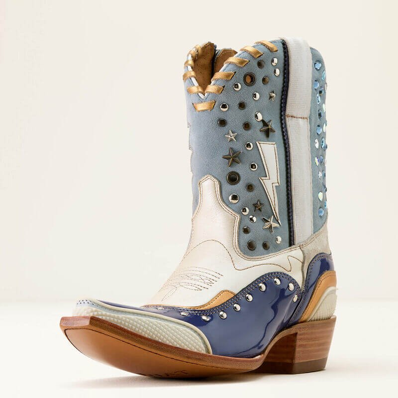 Ariat Superstarz X Toe Western cowboy boot featuring blue and white colours, star embellishments, and decorative studs