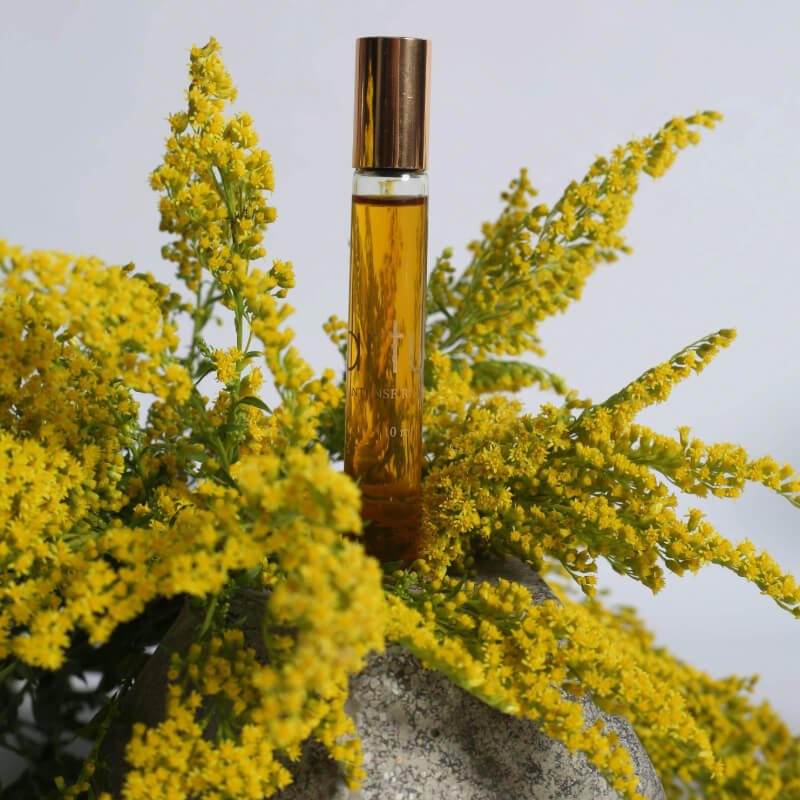 Art de Huile intense sleep oil, a glass roll-on bottle filled with amber oil surrounded by bright yellow flowers