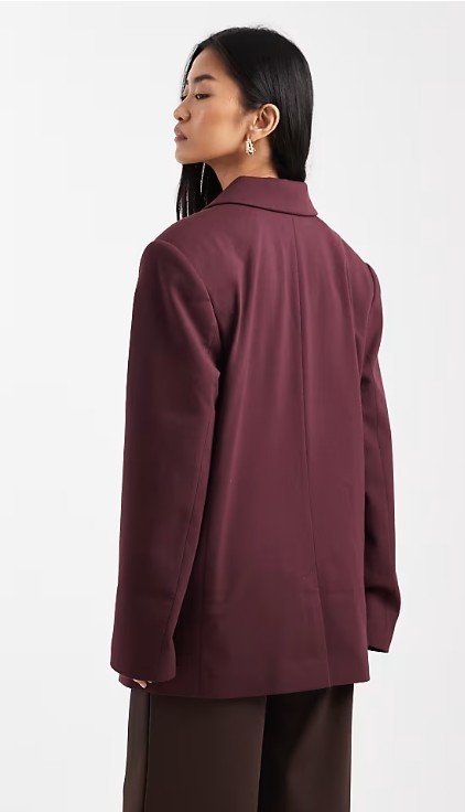 Back view of ASOS DESIGN tailored double breasted power shoulder blazer in plum, women's oversized work blazer
