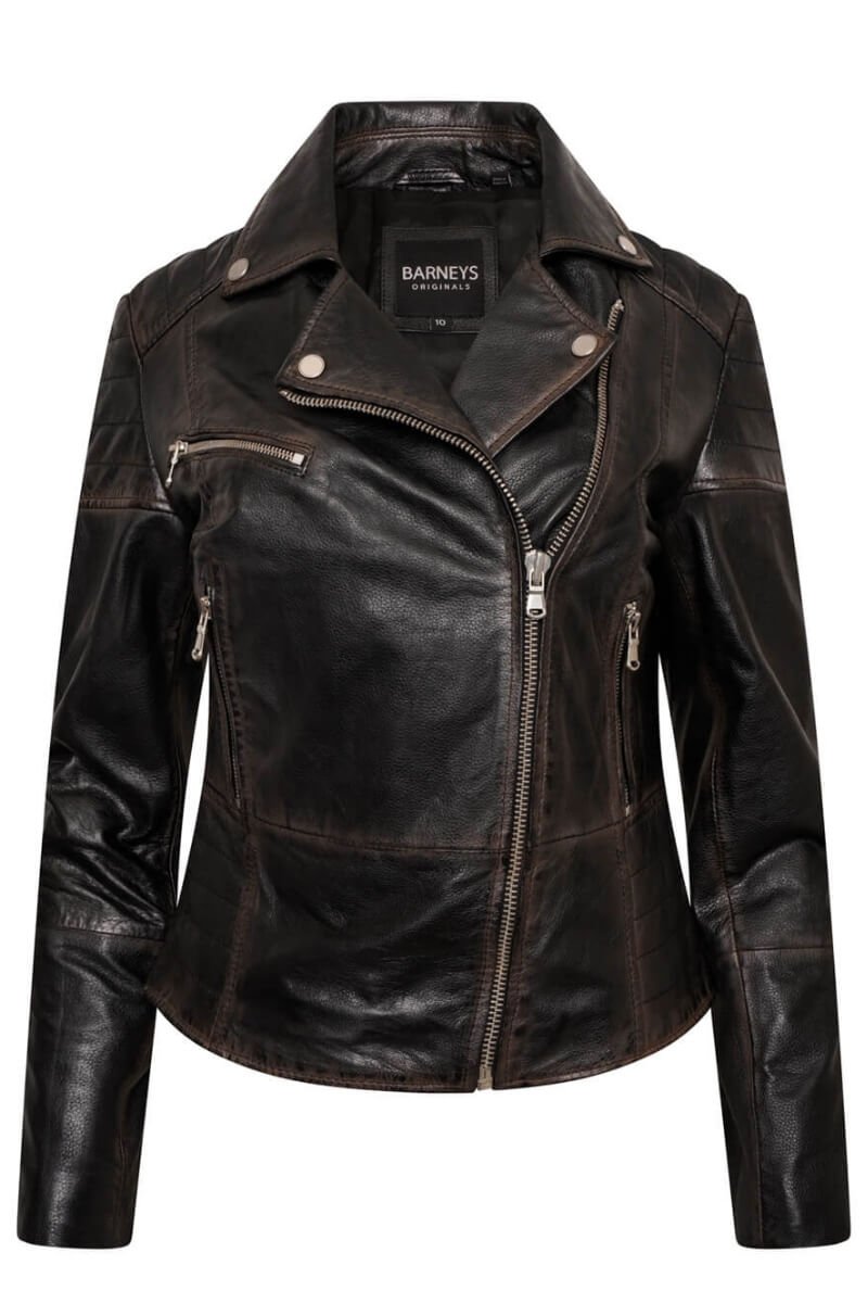 Barneys washed Clara leather biker jacket featuring zippers and snap buttons