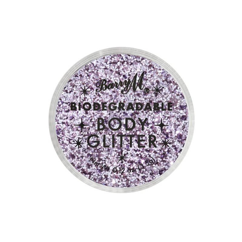 Round container of biodegradable purple body glitter from Barry M with a clear lid