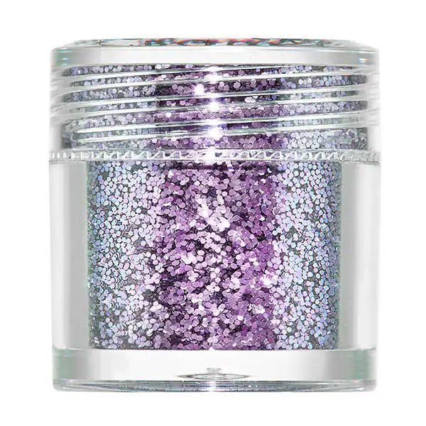 A small clear container filled with Barry M purple and silver glitter