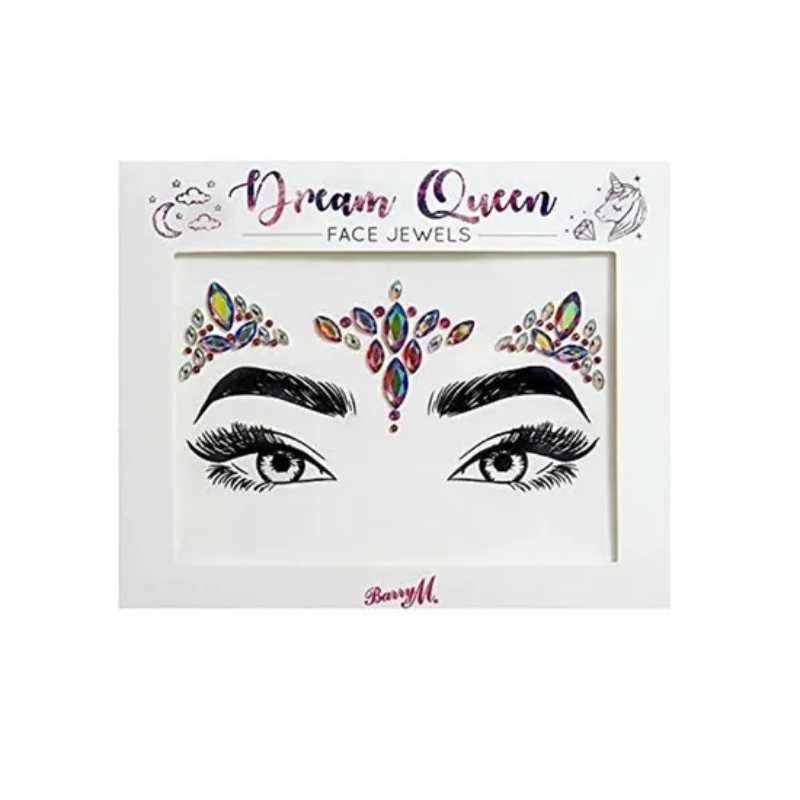 Colourful Barry M face jewels arranged above illustrated eyes on a white background