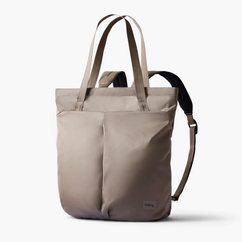 Bellroy Laneway Totepack in fawn featuring dual carry handles and adjustable backpack straps. This versatile tote backpack combines minimalist style with functional compartments for work, travel, or daily use.