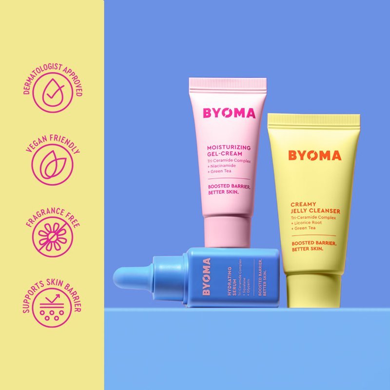BYOMA hydrating starter kit, a colourful skincare set including a creamy jelly cleanser, hydrating serum, and gel-cream moisturiser packaging