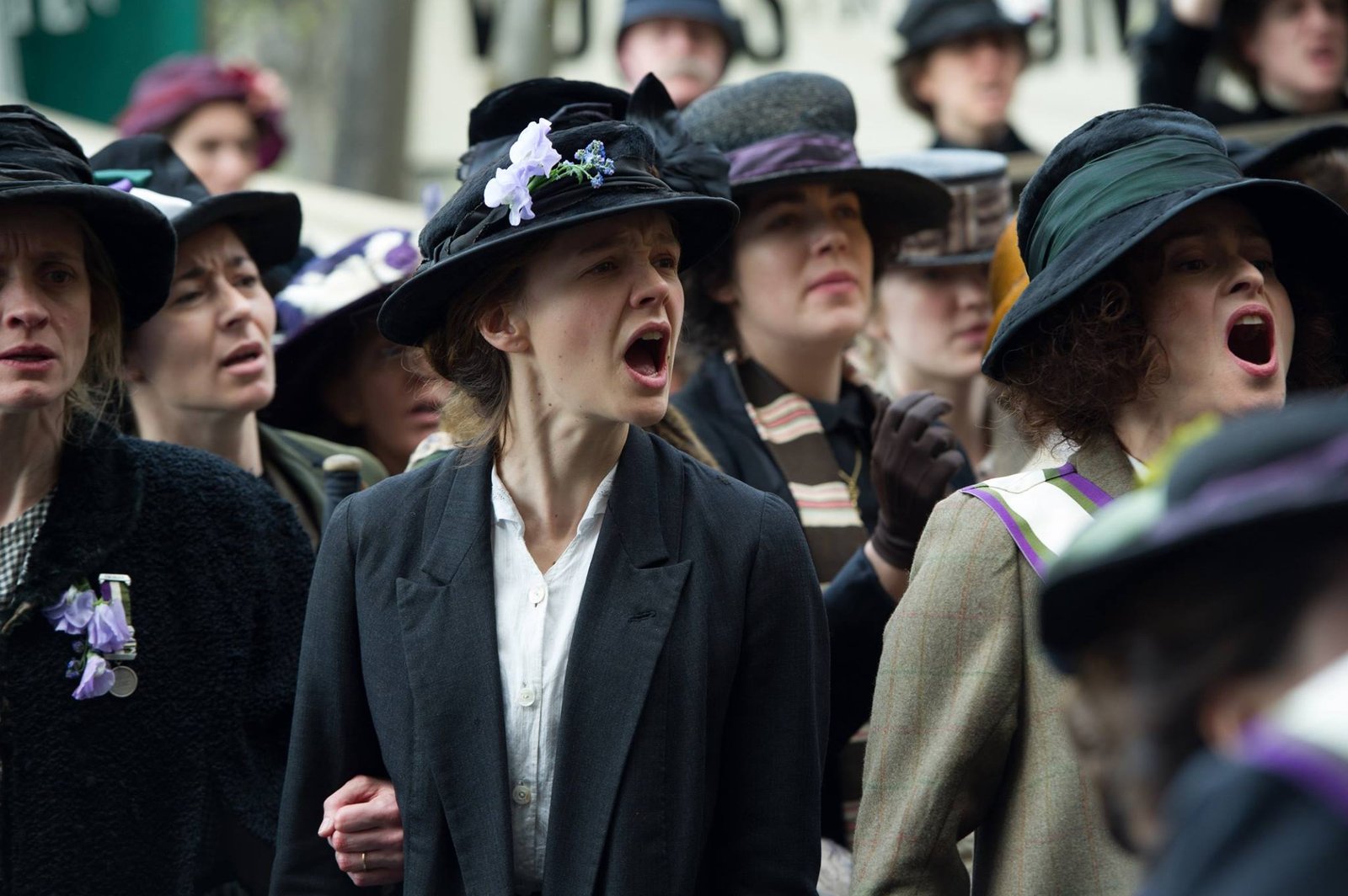 Carey Mulligan as Maud Watts screaming in the middle of a manifestation in a scene from 'Suffragette'.