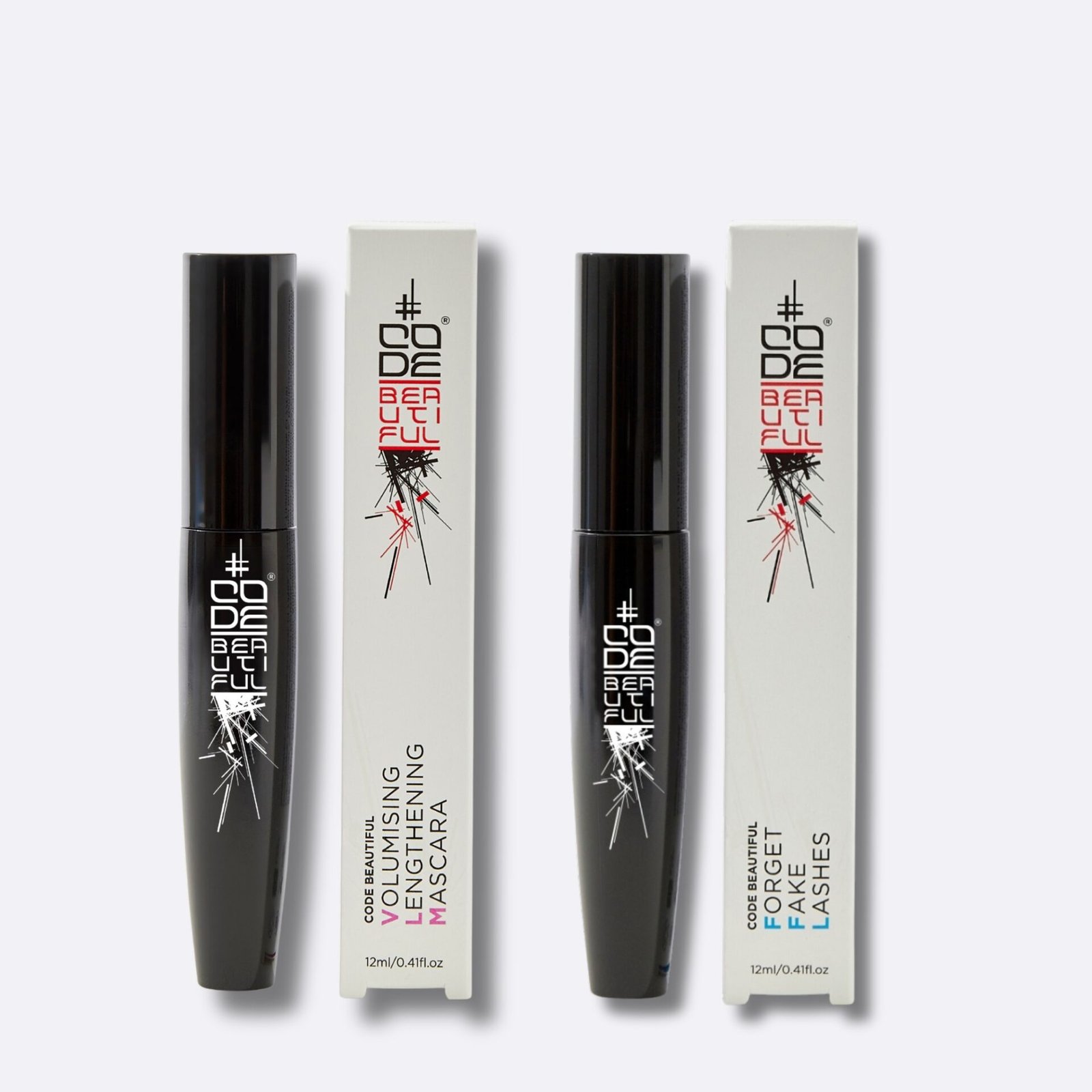 Two mascara tubes with black packaging and white and red text, labelled 'Volumising Lengthening Mascara' and 'Forget Fake Lashes' - CODE BEAUTIFUL Lash Kit with mascara and lash primer