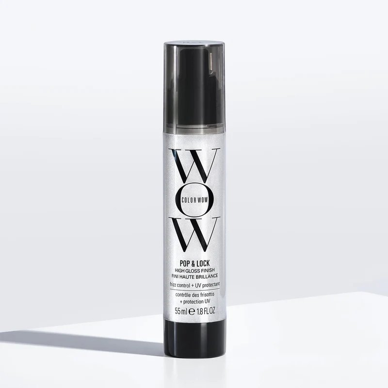 Bottle of Color Wow Pop & Lock High Gloss Finish serum on a white background