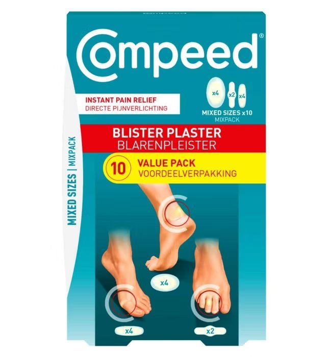 Compeed blister plaster value pack with mixed sizes shown on feet