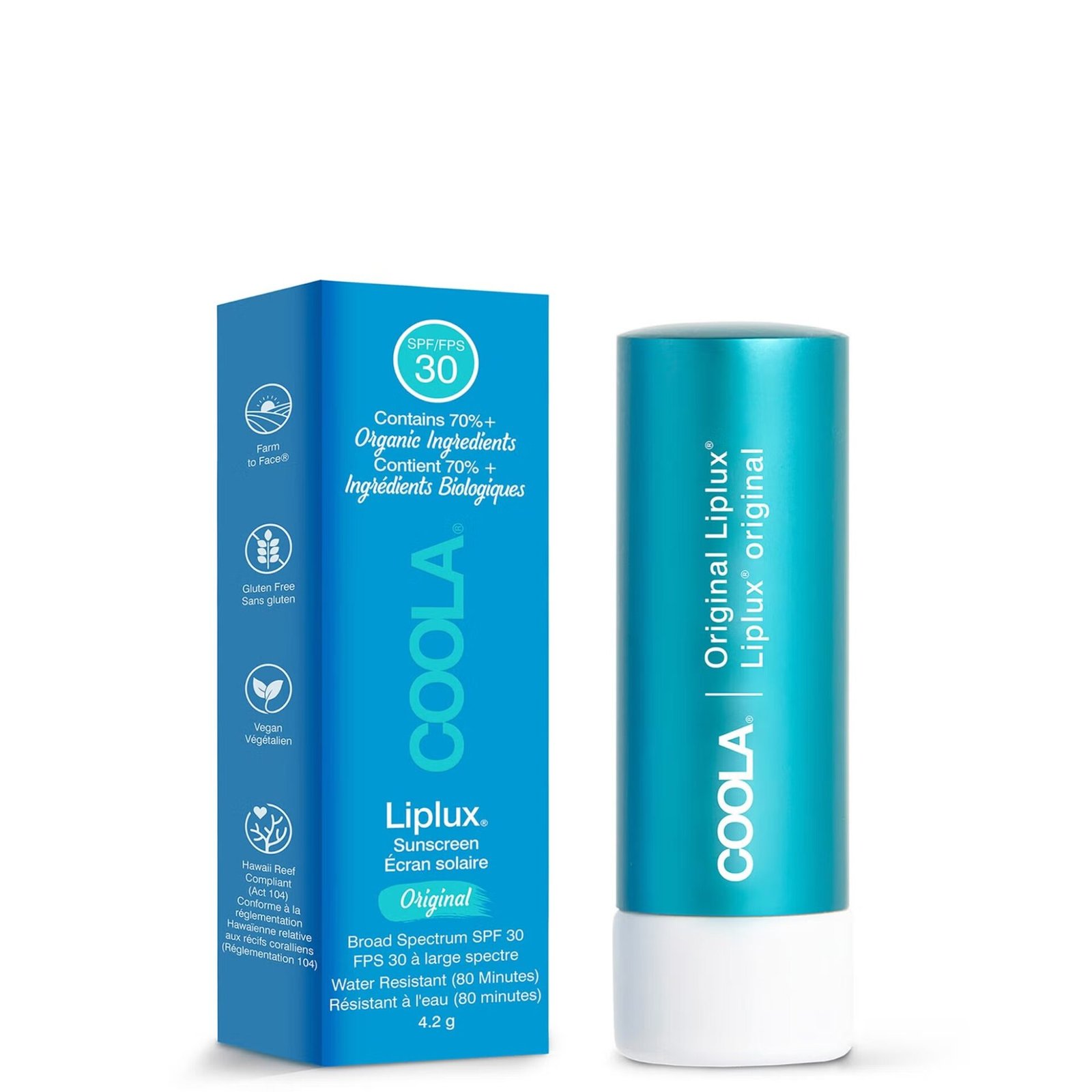 A blue tube of COOLA Liplux Original SPF 30 sunscreen lip balm is shown next to its matching blue box with product details