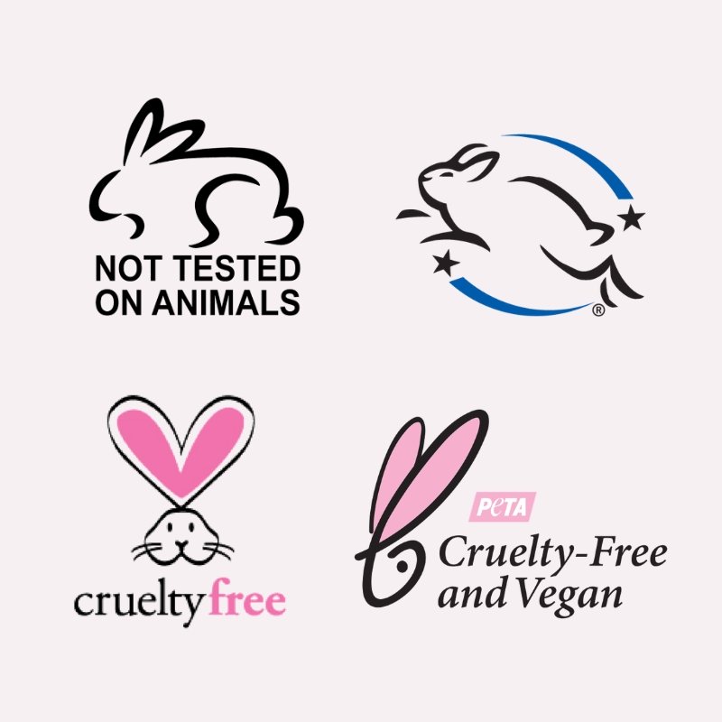 Four cruelty-free logos featuring rabbits and the text 'not tested on animals' and 'cruelty-free'