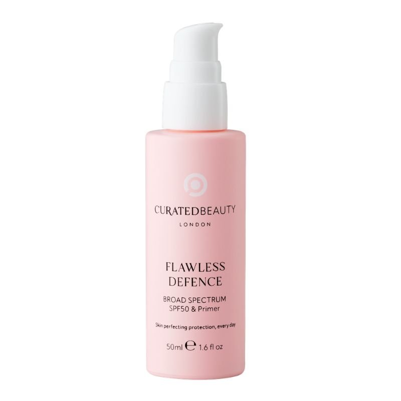 Curated Beauty's Flawless Defence primer in a pink bottle with a white pump, labelled SPF 50