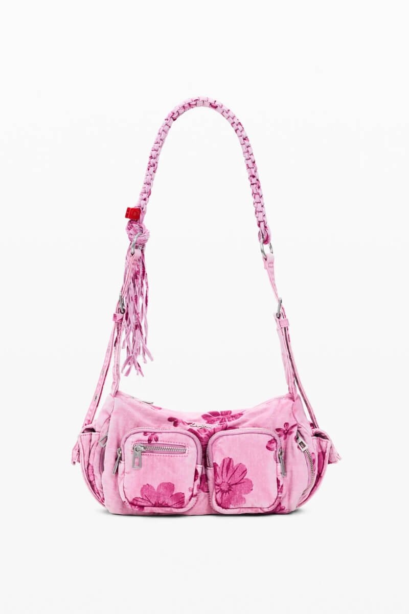 Desigual pink denim crossbody bag with floral patterns and braided straps