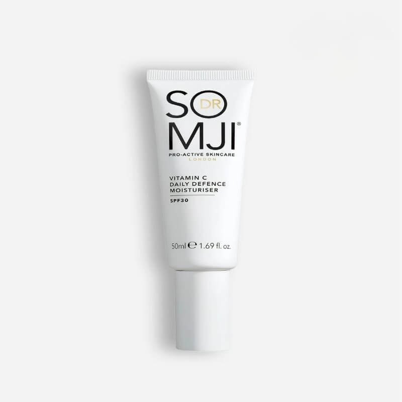 SOMJI Vitamin C Daily Defence Moisturiser in a white tube with SPF 30