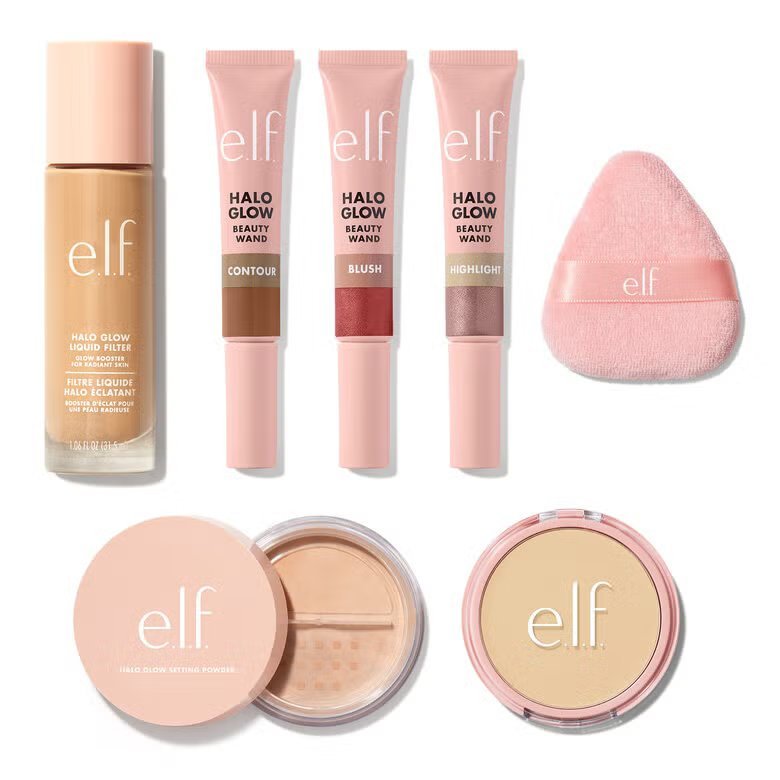 e.l.f. Cosmetics Halo Glow bundle showcasing liquid filter, beauty wands, and setting powder with applicator