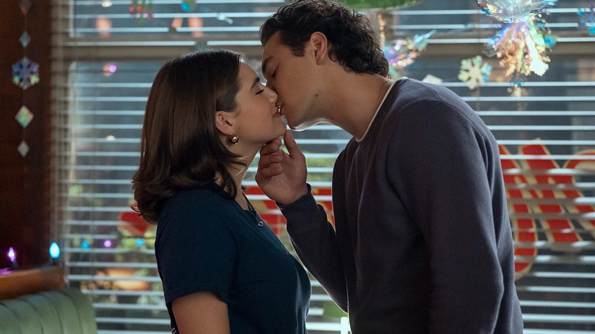 Ella Bright as Hannah and Belmont Camelli as Garrett share a gentle kiss in Prime Video's Off Campus