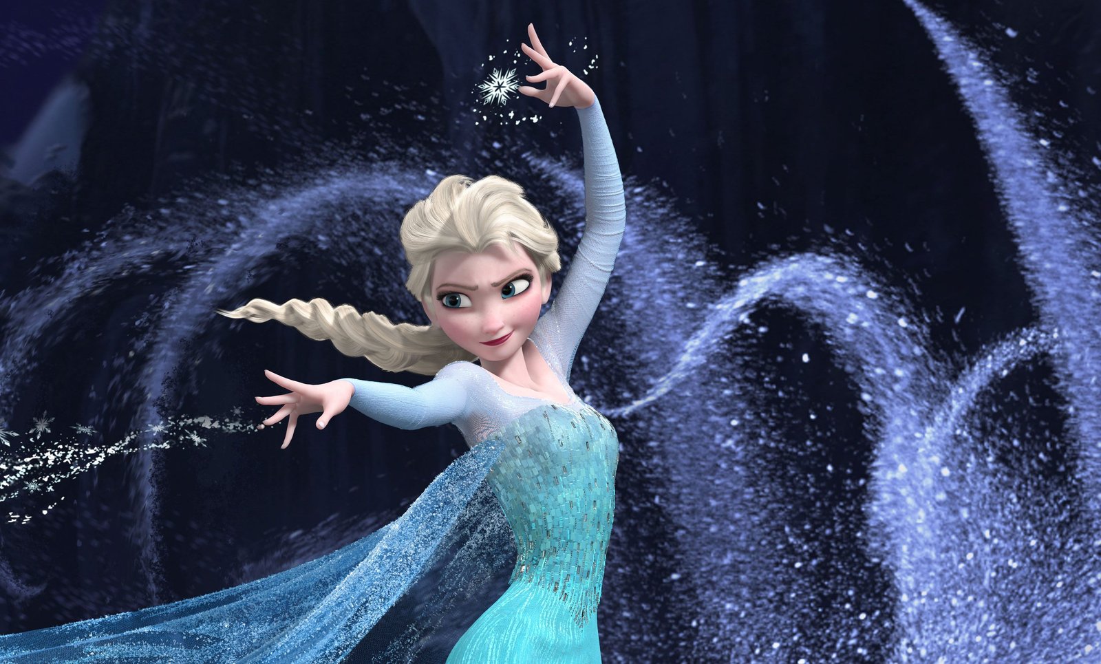 Elsa confidently uses her ice magic, creating swirling snow trails while wearing her glittering blue gown in 'Frozen'.
