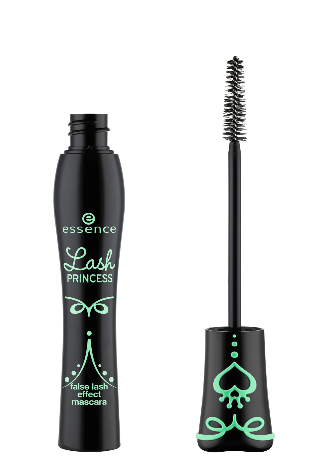 Essence Lash Princess False Lash Effect Mascara with wand - a tube of Essence Lash Princess mascara alongside its wand, featuring a black design with mint green accents and decorative elements
