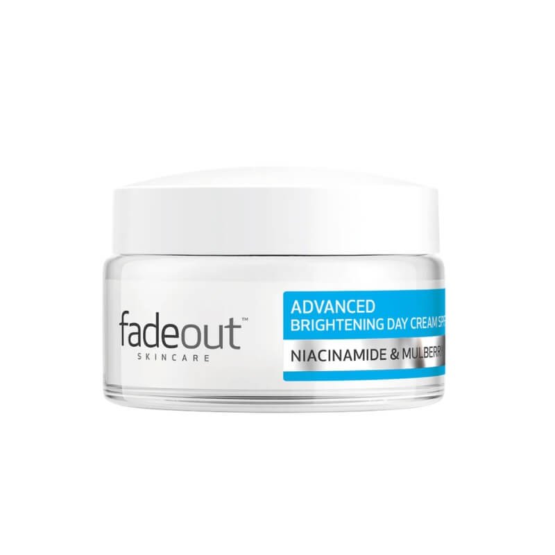 White jar of Fadeout Advanced Brightening Day Cream with blue label and niacinamide and mulberry ingredients