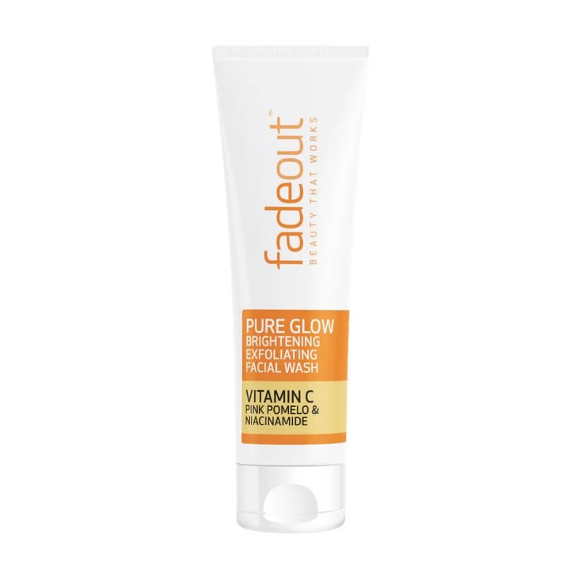 Brightening exfoliating facial wash tube with orange accents, containing Vitamin C