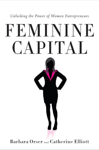 Cover of “Feminine Capital: Unlocking the Power of Women Entrepreneurs,” featuring a black illustration of a woman with a bright pink scarf and hands on hips on a white background, with the title in bold black elegant capital letters and the authors’ names below.