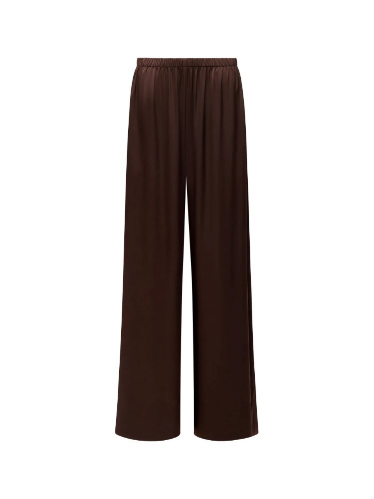 French Connection Bernadetta satin wide leg trousers in bitter chocolate with a relaxed fit and elasticated waistband