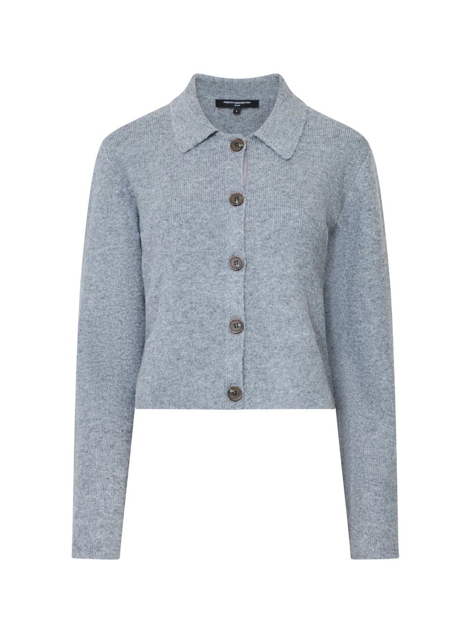 French Connection Ellie Knit Collared Cardigan, a grey cropped cardigan with a collared neck