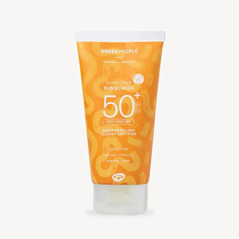 Green People scent-free sunscreen in a vibrant orange tube with SPF 50 label and natural ingredients