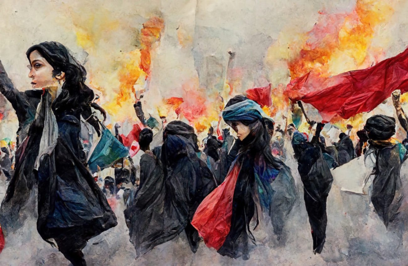 Iran Women Protests: Illustration of women leading protests in Iran during the Woman, Life, Freedom movement, with flames and red flags in the background.