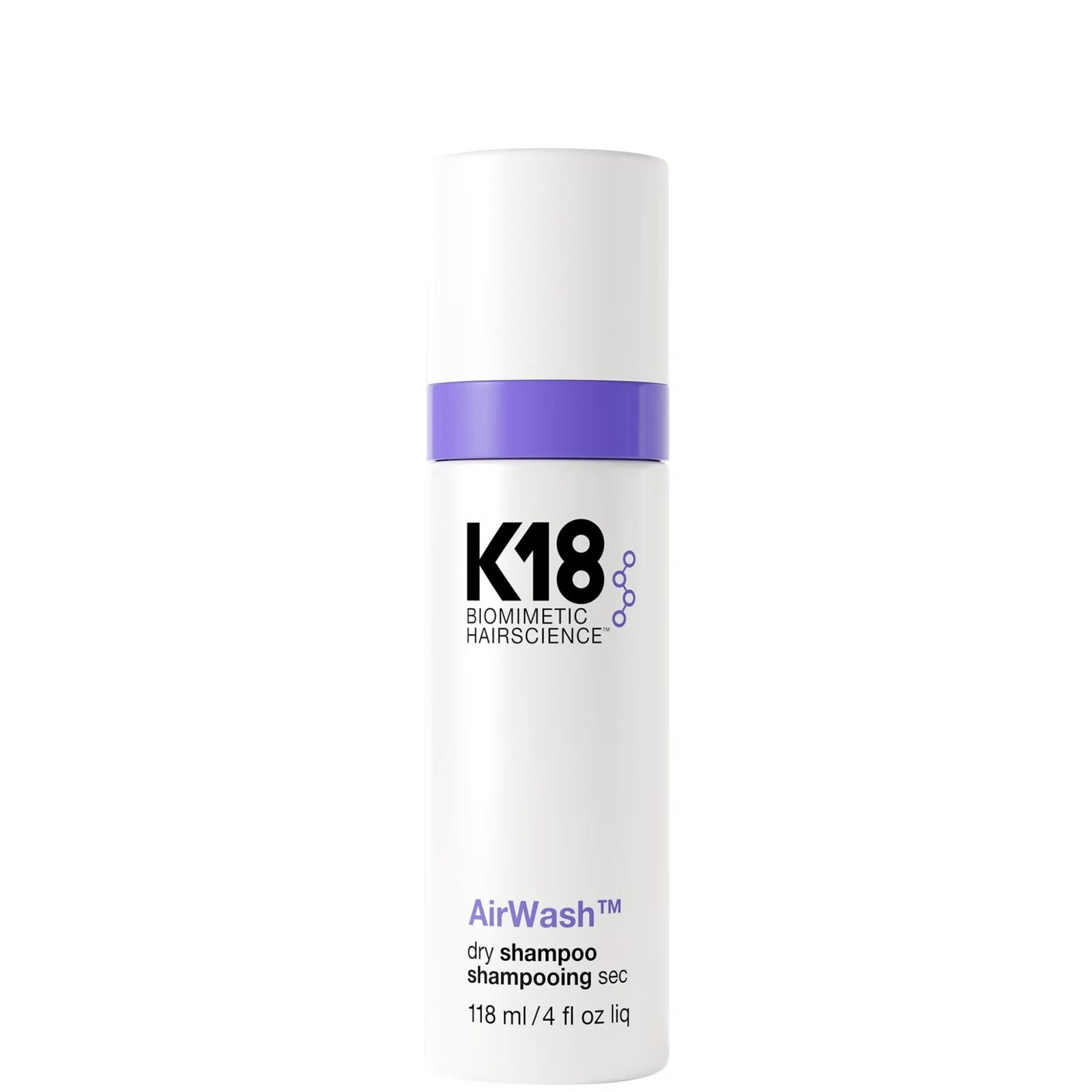 K18 AirWash dry shampoo bottle with a purple band