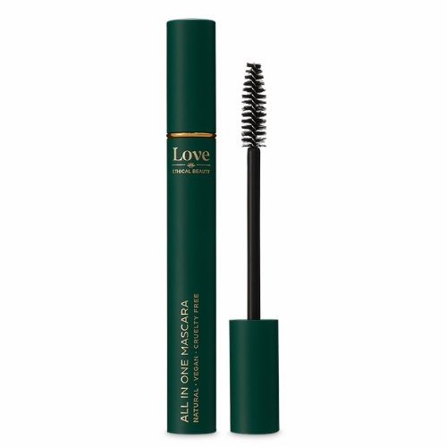 A green tube of Love Ethical Beauty mascara with a black wand, labelled "All-in-One Mascara' - Love Ethical Beauty All-in-One Natural Mascara with wand