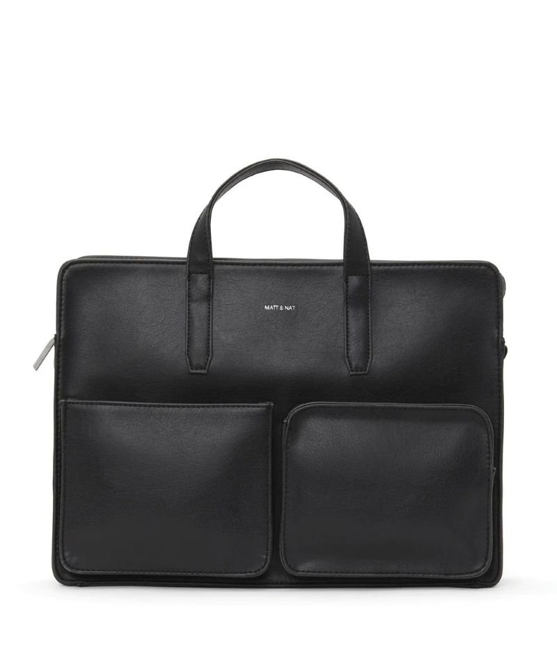 Matt & Nat Soren vegan briefcase in vintage black with dual front pockets and structured top handles. This professional laptop bag combines sleek design with functional storage for work essentials.