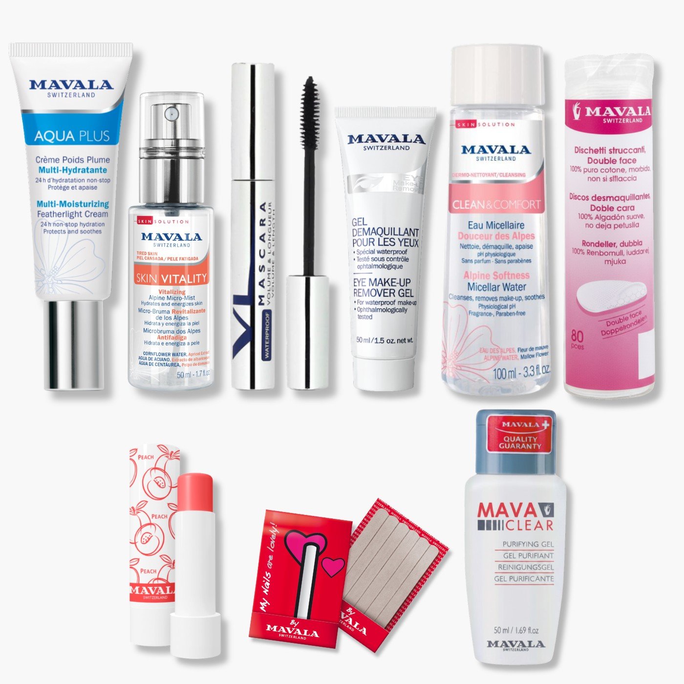 Mavala Festival Survival Kit. Various mascara items displayed, featuring several tubes and brushes, showcasing different styles and packaging