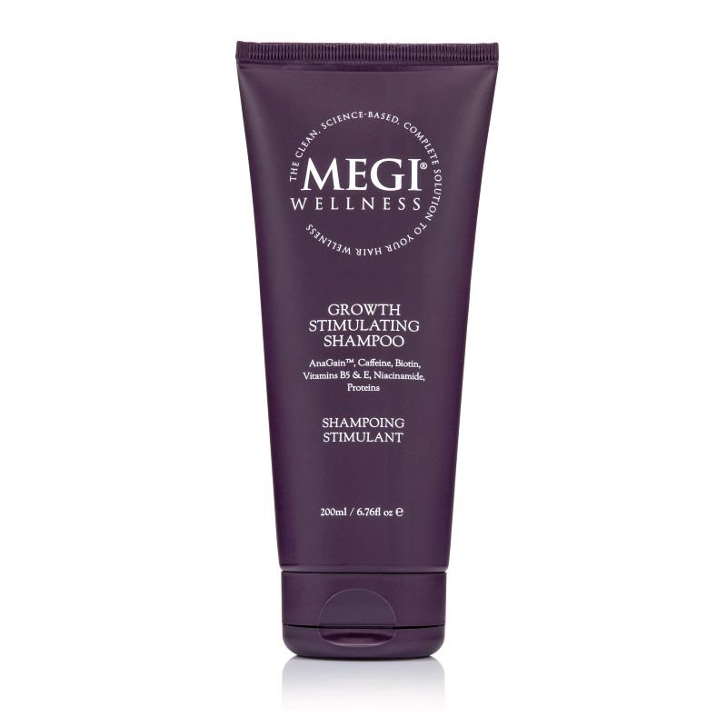 Purple tube of Megi Wellness Growth Stimulating Shampoo with key ingredient labels