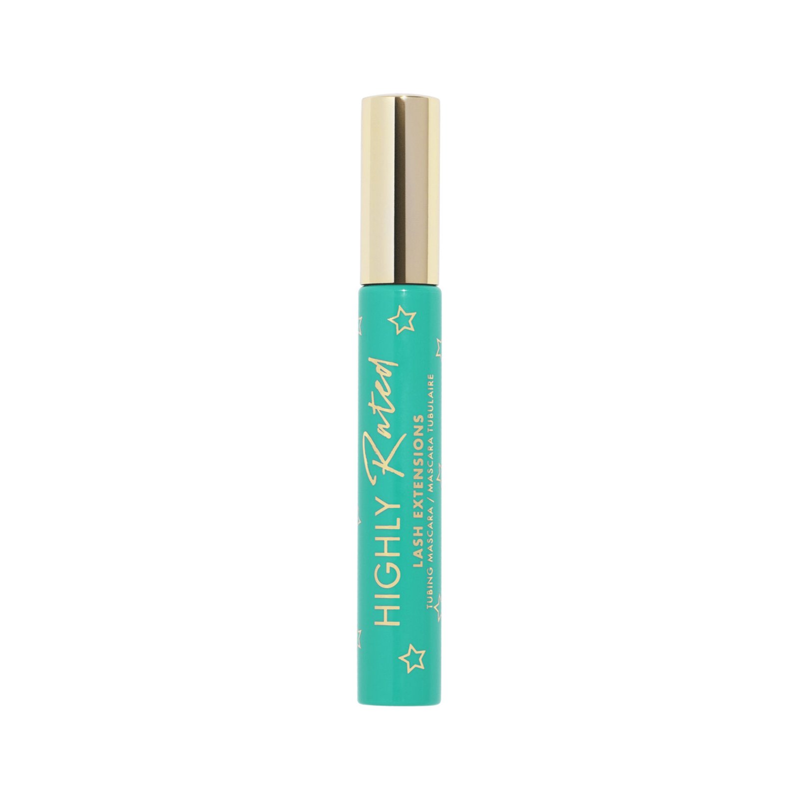 Teal mascara tube with gold cap labeled 'Highly Rated Lash Extensions' featuring star designs - Milani Highly Rated Lash Extensions Mascara with tubing mascara wand