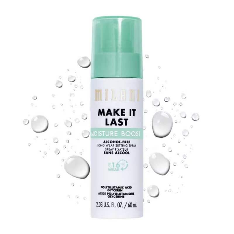 Milani Make It Last Moisture Boost setting spray bottle with water droplets around it