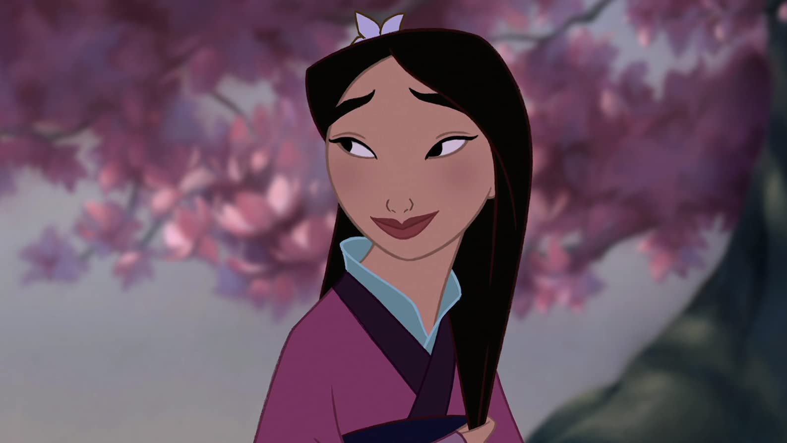 Animated character Mulan smiling softly with pink cherry blossoms blooming in the background in 'Mulan'.