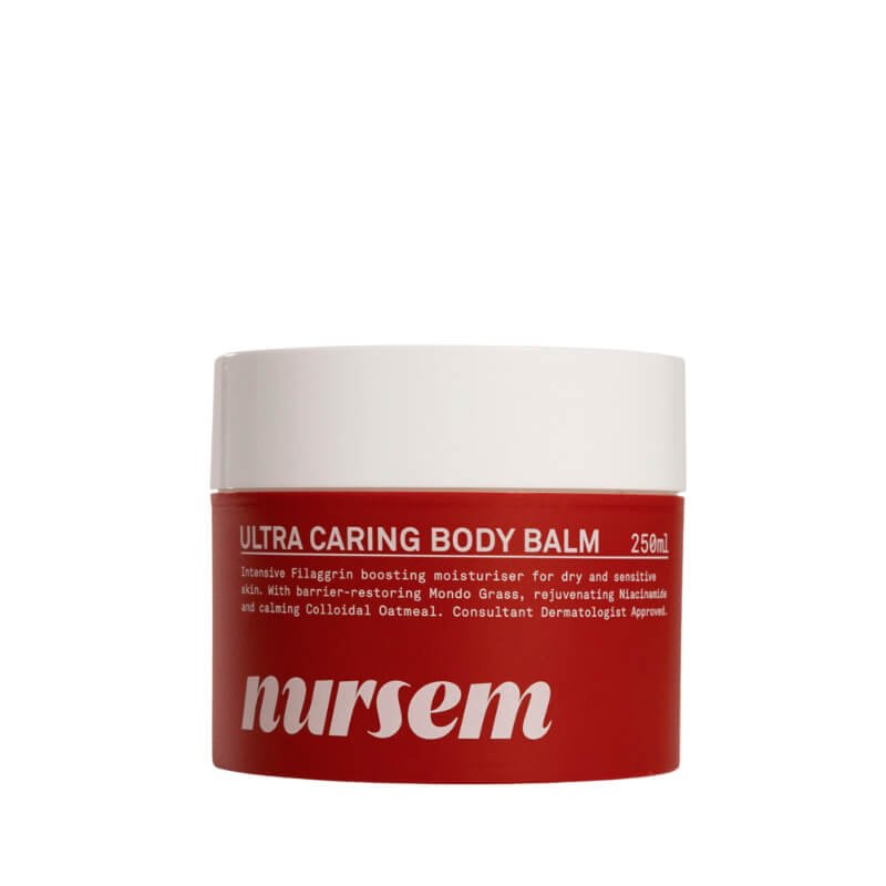 Container of Nursem Ultra Caring Body Balm, red with white lid, labelled for dry skin
