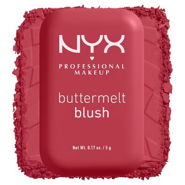 NYX Professional Makeup Buttermelt Blush in a vibrant pink shade with net weight 0.17 oz / 5 g on a crushed powder background