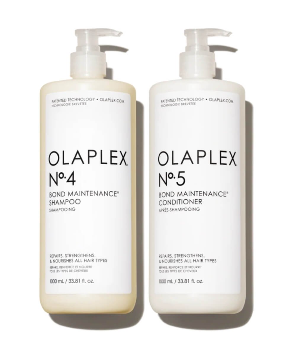 Olaplex No. 4 shampoo and No. 5 conditioner bottles side by side on a light background