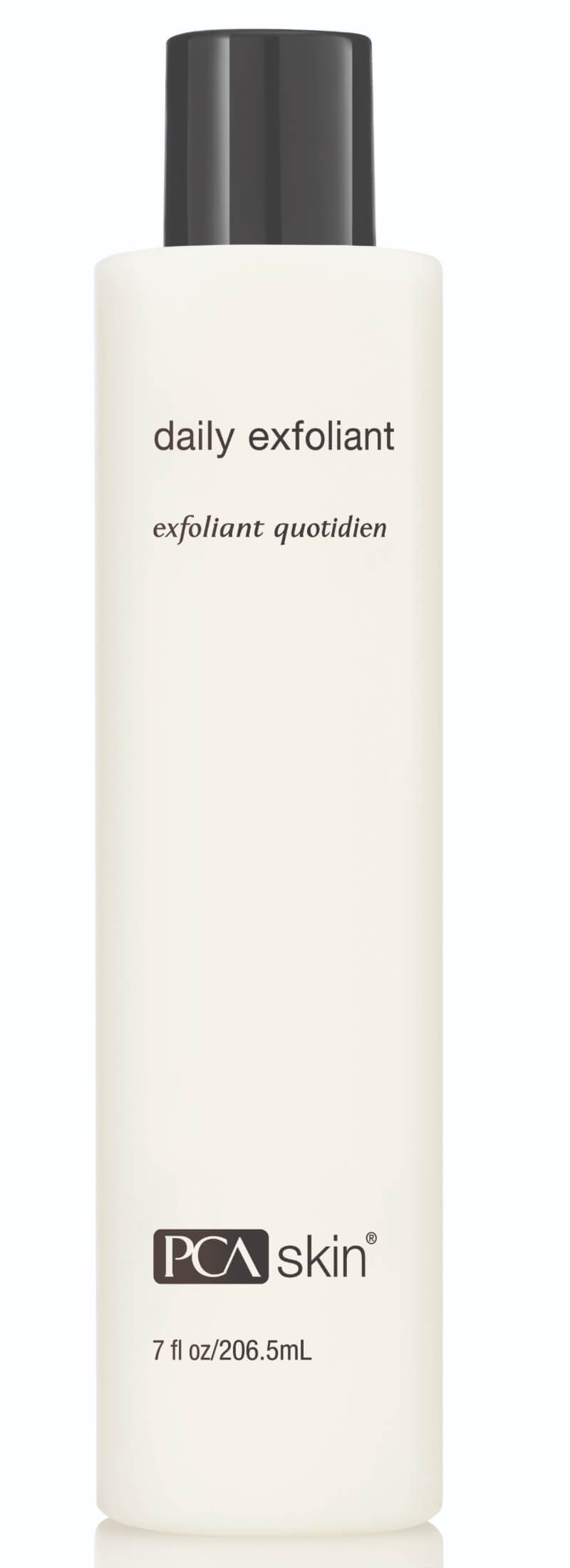 A 7 fl oz bottle of PCA Skin Daily Exfoliant, labelled in white with a black cap