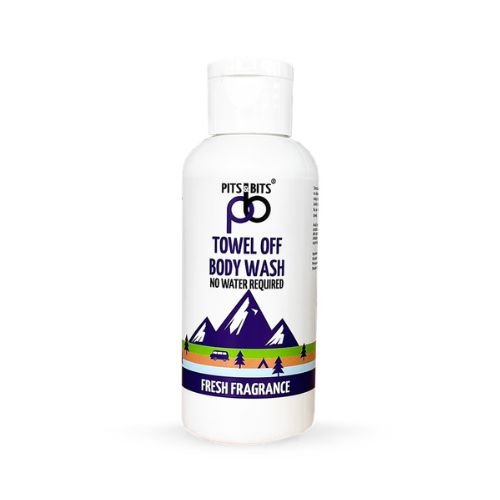 White bottle of Pits & Bits towel-off body wash with mountain and camping graphics