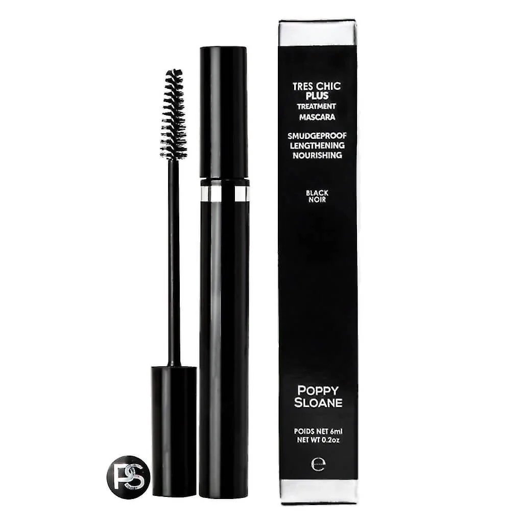 Mascara product with a black tube and wand, labelled "TRES CHIC PLUS Treatment Mascara" and the brand name "Poppy Sloane." The box features the product's weight and smudge-proof and lengthening benefits - Poppy Sloane Tres Chic Plus Treatment Mascara